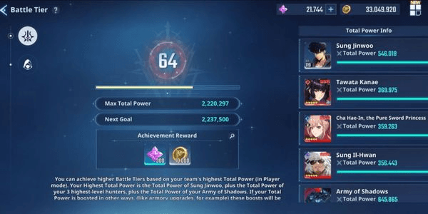 Gambar Product AKUN BATTLE TIER 64 POWER 2.2JT + SJW POWER  549k ATTACK 60K + SUNG IL HWAN B5 + CHA HAE IN B5 + TANATA KANAE B6