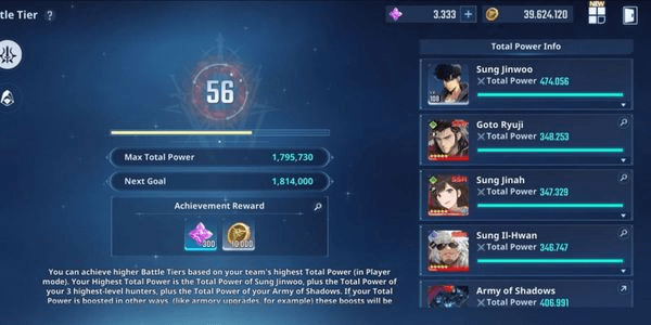 Gambar Product AKUN BATTLE TIER 56 POWER 1,79JT + SUNG JIN WOO ATTACK 56K + SUNG IL HWAN B5 + SUNG JIN AH B6 + GOTO RYUJI B5