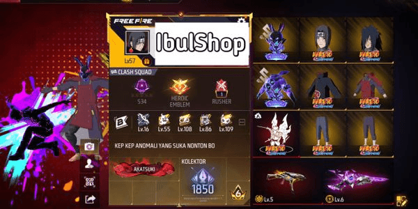 Gambar Product AKUN FF PRIME6 SKINCOLLABNARUTO 7VOGUN1OTWMAX SG2BERSKINGG DANAPELAJAR