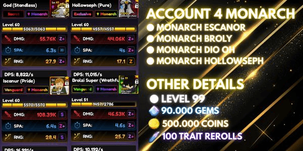 Gambar Product Account 4 Monarch Meta (Monarch Escanor, Monarch Broly, Monarch Dio OH, Monarch Hollowseph) - Anime Vanguards