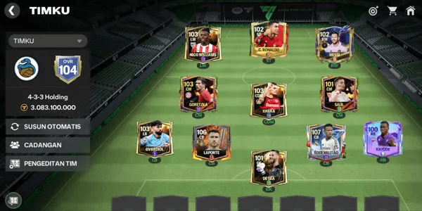 AKUN EA FC OVR 104 LVL PLAYER 10-15 ASET COIN 970 JT COIN TERSEDIA 550 JT (CR7, MESSI, LAPORTE)