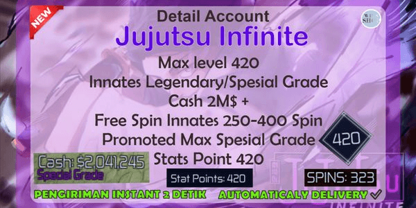 Gambar Product [JUJUTSU INFINITE] ACCOUNT MAX LEVEL - CASH 2M$ - INNATES SPESIAL GRADE/LEGENDARY - PROMOTE MAX - UNVERIF ACCOUNT