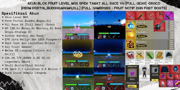 Gambar Product Akun Blox Fruit Level Max Spek Tamat All Race V4 (Full Gear) -Draco (Perm Portal,Buddha,Magma,DLL) (Full Gamepass - Fruit Notif Dan Fast Boats)