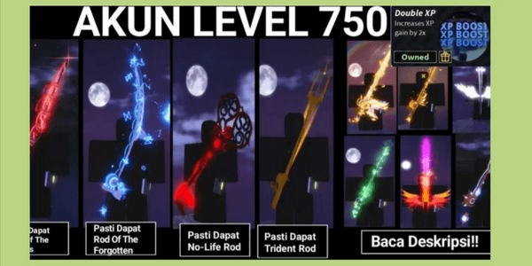Gambar Product AKUN LEVEL MAX(Rod of the forgoten fang+no life rod+rod of the depth+trident rod) (belum terverifikasi)