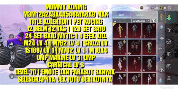 Gambar Product PUBG SET MUMMY KUNING | 120 SET BAJU | 10 RP MAX | PET KUCING | UMP CANIVAL LV 3 | M24 LV 4 | BERLY LV 4