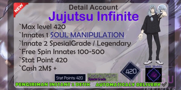 Gambar Product [JUJUTSU INFINITE] ACCOUNT MAX LEVEL - INNATES SOUL MANIPULATION - CASH 2M$+ - FREE SPIN INNATES - UNVERIF ACCOUNT