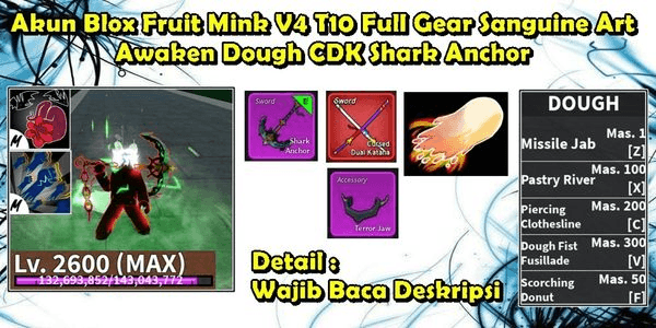 Gambar Product Akun Blox Fruit Race Mink V4 T10 Full Gear Level Max Sanguine Art CDK Shark Anchor Full Awaken Dough