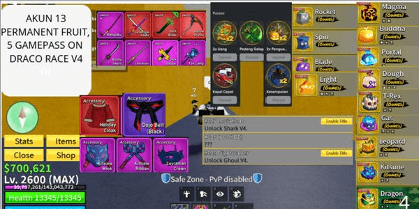 Gambar Product AKUN 13 PERM FRUIT ( DRAGON,KITSUNE,LEO,GAS), 5 GAMEPASS, V4 RACE SHARK,GHOUL