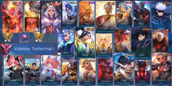 Gambar Product Honored Collector 1 • Hero Max Skin 383 • Legend Lunox Valir • JJK Xavier Julian • Aspirant Angela Layla Ruby • Collector Vale Zilong Angela Dyroth