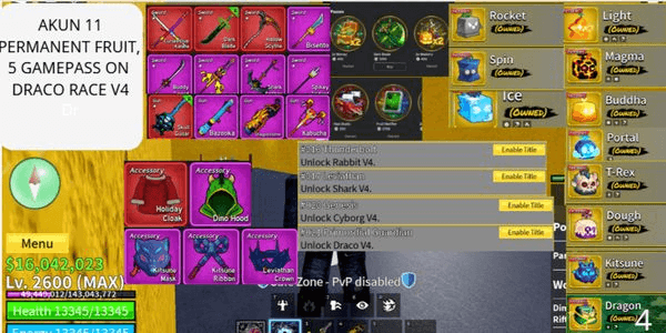 Gambar Product AKUN 11 PERM FRUIT ( DRAGON ), 5 GAMEPASS, V4 RACE DRACO