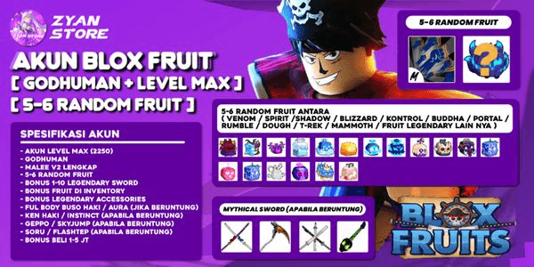 Gambar Product Akun Blox Fruit [GODHUMAN + RANDOM 5-6 FRUIT Di Inventory] [Level MAX]