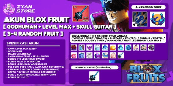 Gambar Product Akun Blox Fruit [GODHUMAN + RANDOM 3-4 FRUIT + SKULL GUITAR Di Inventory] [Level MAX]