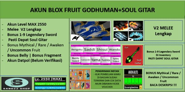 Gambar Product Akun Blox Fruit GODHUMAN + SOUL GITAR [Level MAX]