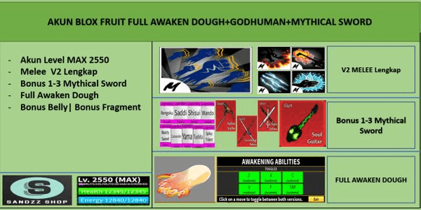 Gambar Product Blox Fruit Account FULL AWAKEN DOUGH+GODHUMAN+MYTHICAL SWORD [Level MAX][Melee+Fruit+Sword All Skills Unlock]