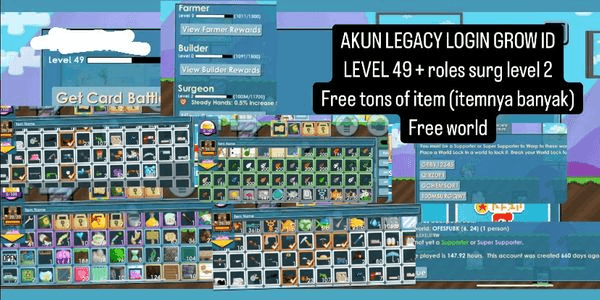 Gambar Product AKUN LEGACY LEVEL 49 LOGIN GROW ID + FREE ITEMS BANYAK + ROLES SURG 2 + FREE WORLDS