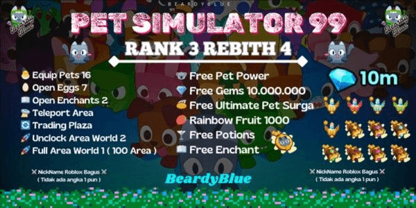 Gambar Product Pet Simulator Accounts 99 | Rank 3 Rebith 4 | Bonus 10,000,000 Diamonds | Unlocked Trade & Booth | Instant Delivery