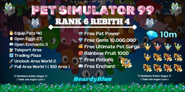 Gambar Product Pet Simulator Accounts 99 | Rank 6 Rebith 4 | Bonus 10,000,000 Diamonds | Unlocked Trade & Booth | Instant Delivery