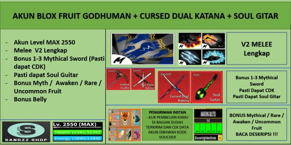 Gambar Product Blox Fruit Account GODHUMAN+CURSED DUAL KATANA+SOUL GUITAR [Level MAX] [DATPOL]