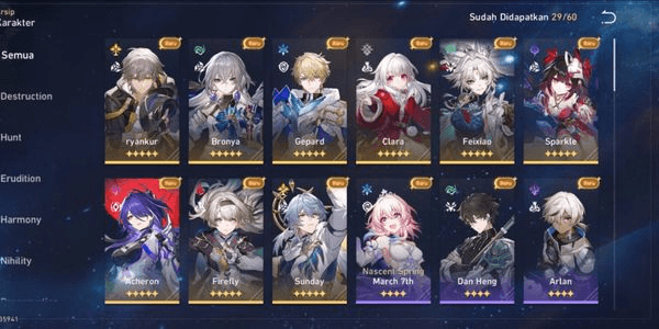 Gambar Product Akun level Max Acheron Firefly Sunday Feixiao Sparkle / MC Male TL65