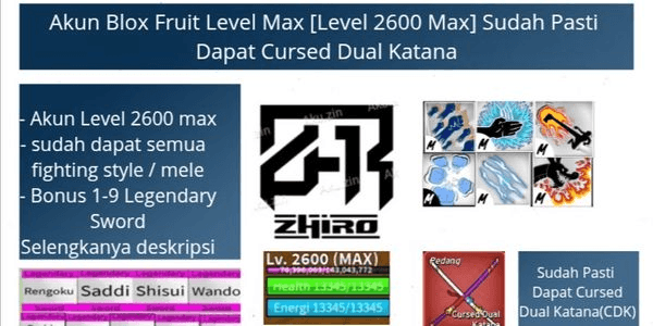 Gambar Product Akun Blox Fruit [Level 1600 Max] Sudah Pasti Dapat Cursed Dual Katana