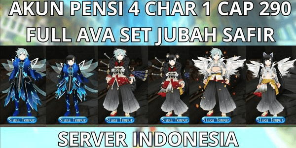 Gambar Product AKUN PENSI 4 CHAR 1 CAP LVL 290 SERVER INDONESIA FULL AVA SET JUBAH SAFIR, BONUS PENYADAP CRYSTAL, NO MOD, ANTI HACKBACK, SUPER MURMER