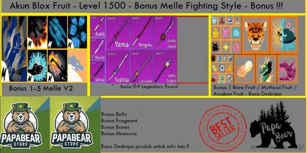 Gambar Product AKUN BLOX FRUIT - LEVEL 1500 - BONUS MELEE FIGHTING STYLE - AKUN GLOBAL