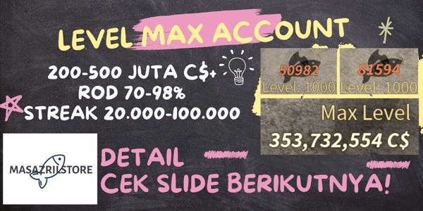 Gambar Product AKUN FISCH LEVEL 1000 (MAKS) l Streak 20000-100000 l 200-500 Jt C$ l ROD 70-98% l Data Polos