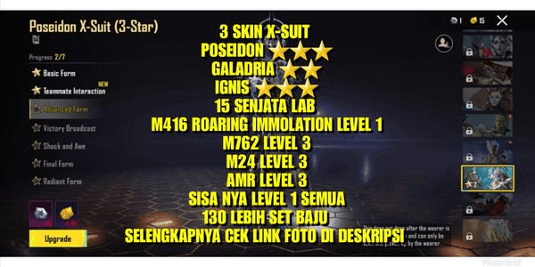 Gambar Product PUBG 3 SKIN X-SUIT , POSEIDON BINTANG 3 | GALADRIA BINTANG 2 , IGNIS BINTANG 3 | 15 SENJATA LAB ( M415 ROARING IMMOLATION LEVEL 1 )