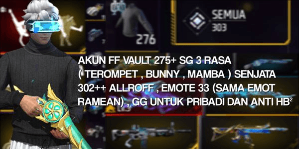 Gambar Product AKUN FF VAULT 275+ SG 3 RASA ( TEROMPET , BUNNY , MAMBA ) SENJATA 302++ ALLROFF , EMOTE 33 (SAMA EMOT RAMEAN) , GG UNTUK PRIBADI DAN ANTI HB²