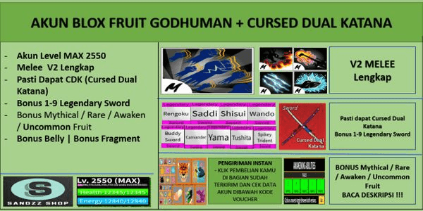 Gambar Product Blox Fruit Account GODHUMAN+CURSED DUAL KATANA [Level MAX] [DATPOL]