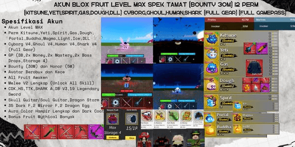 Gambar Product Akun Blox Fruit Level Max Spek Tamat (Bounty 30M) 12 Perm (Kitsune,Yeti,Spirit,Gas,Dough,DLL) Cyborg,Ghoul,Human,Shark (Full Gear) (Full Gamepass)