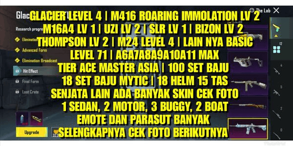 Gambar Product PUBG SULTAN M416 GLACIER LV 4 | M416 ROARING LV 2 | M24 LV 4 | 12 SENJATA LAB | LEVEL 71 | TITLE KOLEKTOR