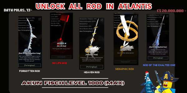 Gambar Product AKUN LEVEL MAX UNLOCK ALL ROD IN ATLANTIS, ROD OF THE FORGOTTEN FANG, NO LIFE ROAD, HEAVEN ROD, SERAPHIC ROAD, ROD OF THE EXALTED ONE + [4M+ C$]