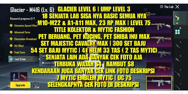 Gambar Product PUBG GLACIER LEVEL 6 | UMP LV 3 | 23 RP MAX | 3 PET HEWAN MAX | 18 SENJATA LAB | 5 KARAKTER