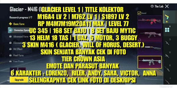 Gambar Product GLACIER LEVEL 1 |  TITLE KOLEKTOR | 5 RP MAX | 4 SENJATA LAB | 6 KARAKTER | 160 SET BAJU | LEVEL 77 | UC 345
