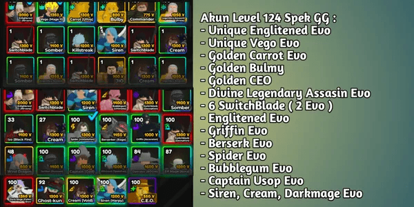 Account Level 124 | GG Specs | 2 Unique Meta Enlightened + Vego | Golden CEO & Bulmy | Unit Meta Evolve - Anime Adventure