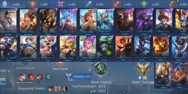 Gambar Product  (759) MLBB Account Max Emblem Col Nata, Kof Karina, Seiya Bdng, Lb Alu, Granger, m4 Beatrix, Epic level skin set 20