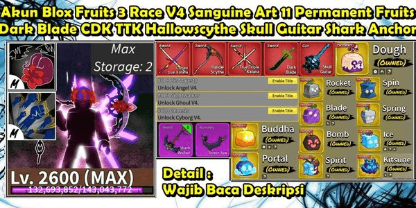 Gambar Product Akun Blox Fruit 11 Permanent Fruits 3 Race V4 Sanguine Art CDK TTK Hallowscythe Dark Blade Skull Guitar Shark Anchor