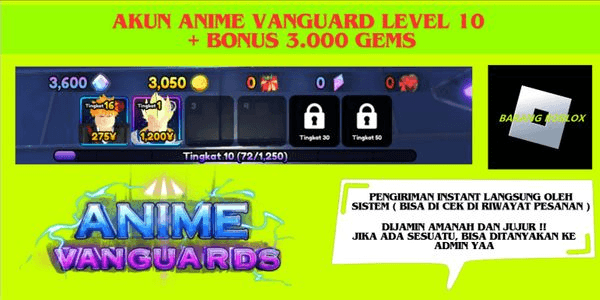 Gambar Product Akun Anime Vanguard Level 10 + Bonus 3.000 Gems
