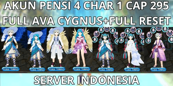 Gambar Product AKUN PENSI 4 CHAR 1 CAP MAX LVL 295 SERVER INDONESIA FULL RESET+ADA RESET, FULL AVA SET CYGNUS+MIX MIKU, NO MOD, ANTI HAKCBACK, SUPER MURMER