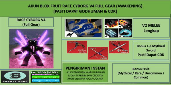 Gambar Product Blox Fruit Race Cyborg V4 Full Gear (Awakening) Account (Godhuman + CDK) [Level MAX]