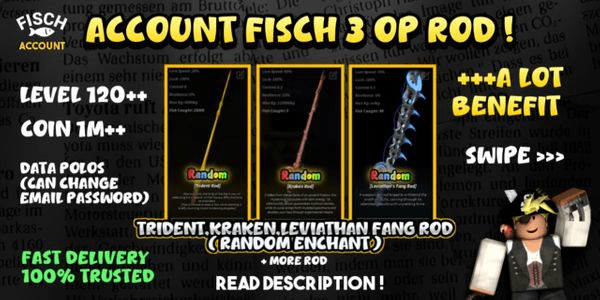 Gambar Product Akun FISCH 3 OP Rod + more rod, Level 120+, Coin 1m+, a lot bonus!!  

(Note: The text is already in , so no translation is needed.)