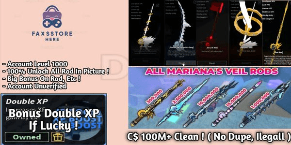 Gambar Product Akun Level 1000 | C$ 100M+ | All Mariana Rods | ROTFF | Nolife Rod | Seraphic Rod | Zeus Rod | Heaven Rod - Fisch