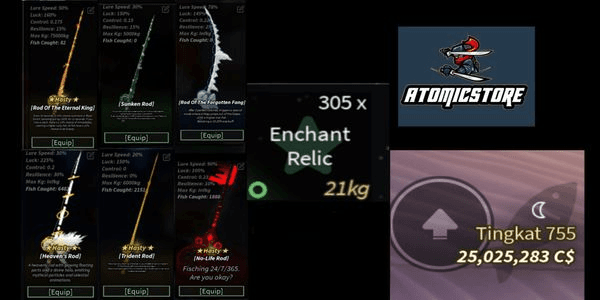 Gambar Product Akun Fisch Level 750 (Rod Of The Forgotten Fang + Trident Rod + Rod Of The Depths + No-Life Rod + Banyak Bonus) (Belum Verifikasi)