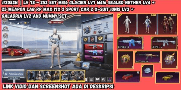 Gambar Product AKUN M416 GLACIER LEVEL 7 M416 MUMMY LEVEL 4 + 25 SENJATA LAB | SET MUMMY + ADA 2-XSUIT Lv 2 + 3 | 2 SPORT CAR GACOR - 3 HELM MYTICH #2083