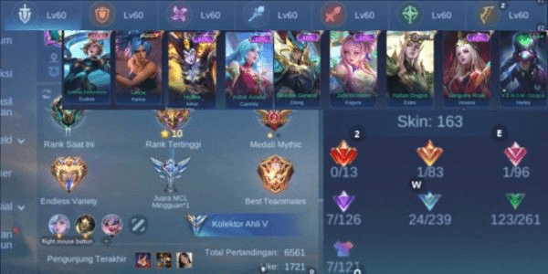 Gambar Product (769) MLBB Account Max Emblem KOF Karina, Limit Eudora, Epic Zilong, Kagura, Estes, Vexana, Harley, Irithel, Carmilla