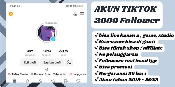 Gambar Product TIKTOK ACCOUNT 3000 FOLLOWERS CAN STUDIO AND OLD 2019 - 2023