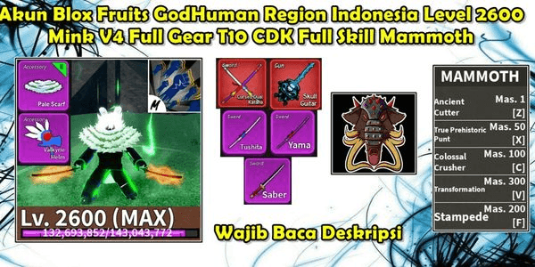 Gambar Product Akun Blox Fruit Region Indonesia Full Skill Mammoth Race Mink V4 T10 Full Gear CDK Skull Guitar GodHuman