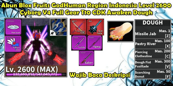Gambar Product Akun Blox Fruit Region Indonesia Full Awaken Dough Race Cyborg V4 T10 Full Gear CDK Skull Guitar GodHuman