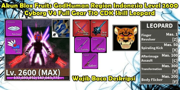 Gambar Product Akun Blox Fruit Region Indonesia Full Skill Leopard Race Cyborg V4 T10 Full Gear CDK Skull Guitar GodHuman